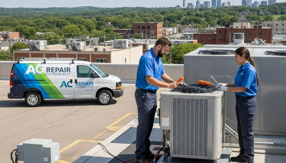 Professional AC repair technician servicing air conditioner unit in Rochester, NY