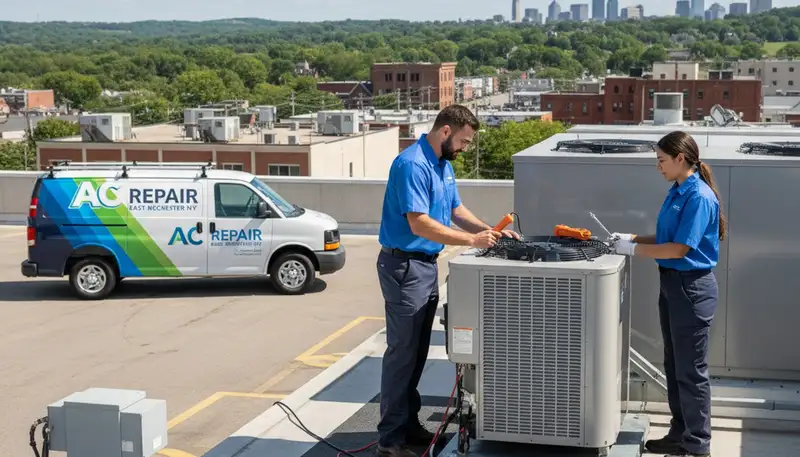 Professional AC repair technician servicing air conditioner unit in Rochester, NY