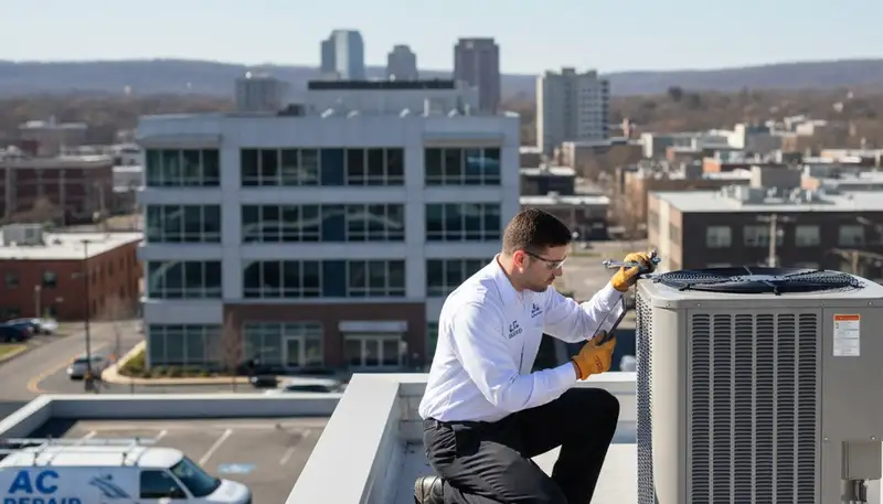 Professional AC repair technician servicing air conditioner unit in Rochester NY