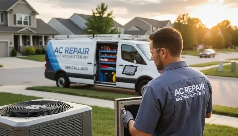 Professional AC repair technician servicing air conditioner unit in Rochester NY home