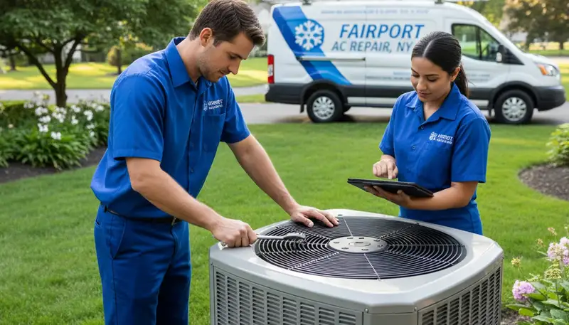 Professional AC repair technician servicing air conditioner unit in Rochester NY home