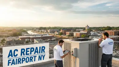 Professional AC repair technician servicing air conditioner in Rochester NY home