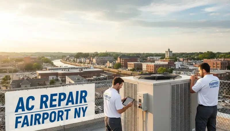 Professional AC repair technician servicing air conditioner in Rochester NY home