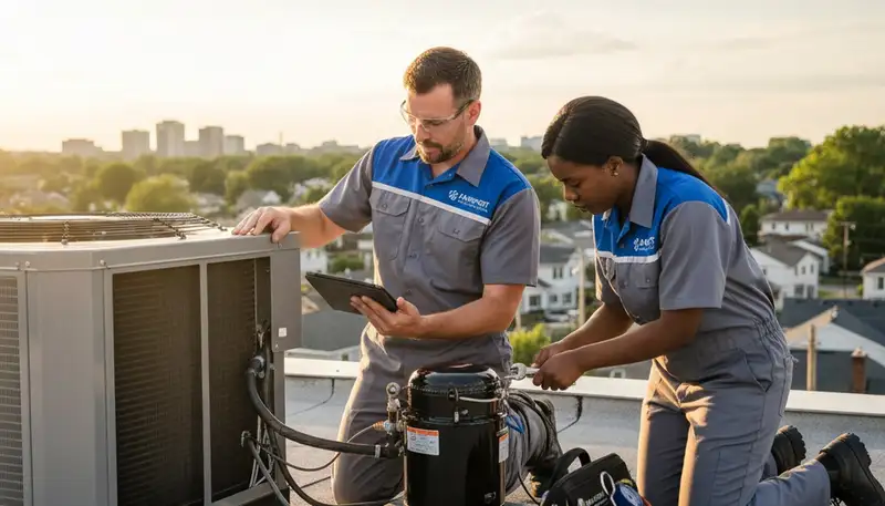 Professional AC repair technician servicing cooling unit in Rochester NY home