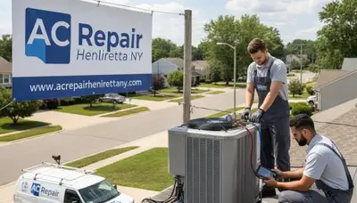 Professional AC repair technician servicing air conditioner unit in Rochester, NY