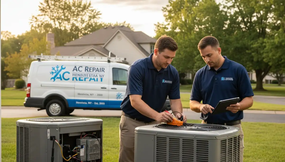 Professional AC repair technician servicing air conditioner in Rochester NY home