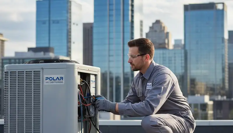 Technician performing AC repair service for homeowner in Rochester, NY