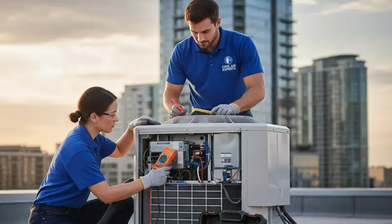 Technician repairing home air conditioner unit in Rochester, NY for Five Star Cooling