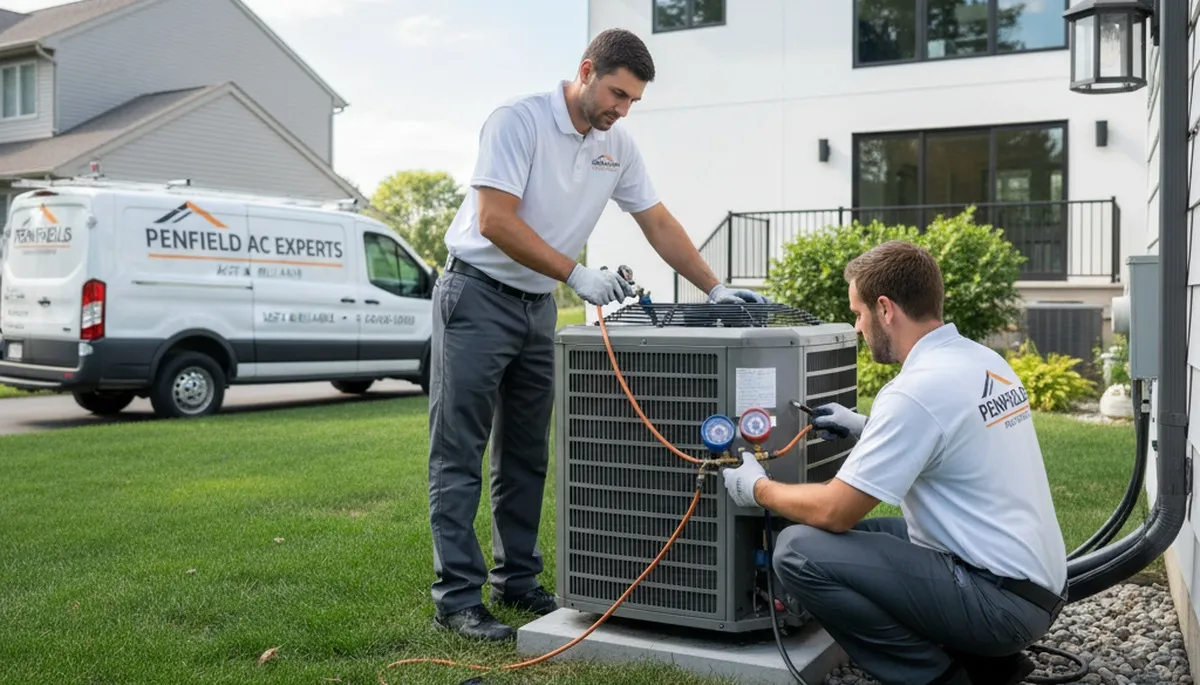 Professional AC repair technician servicing cooling unit in Rochester NY home