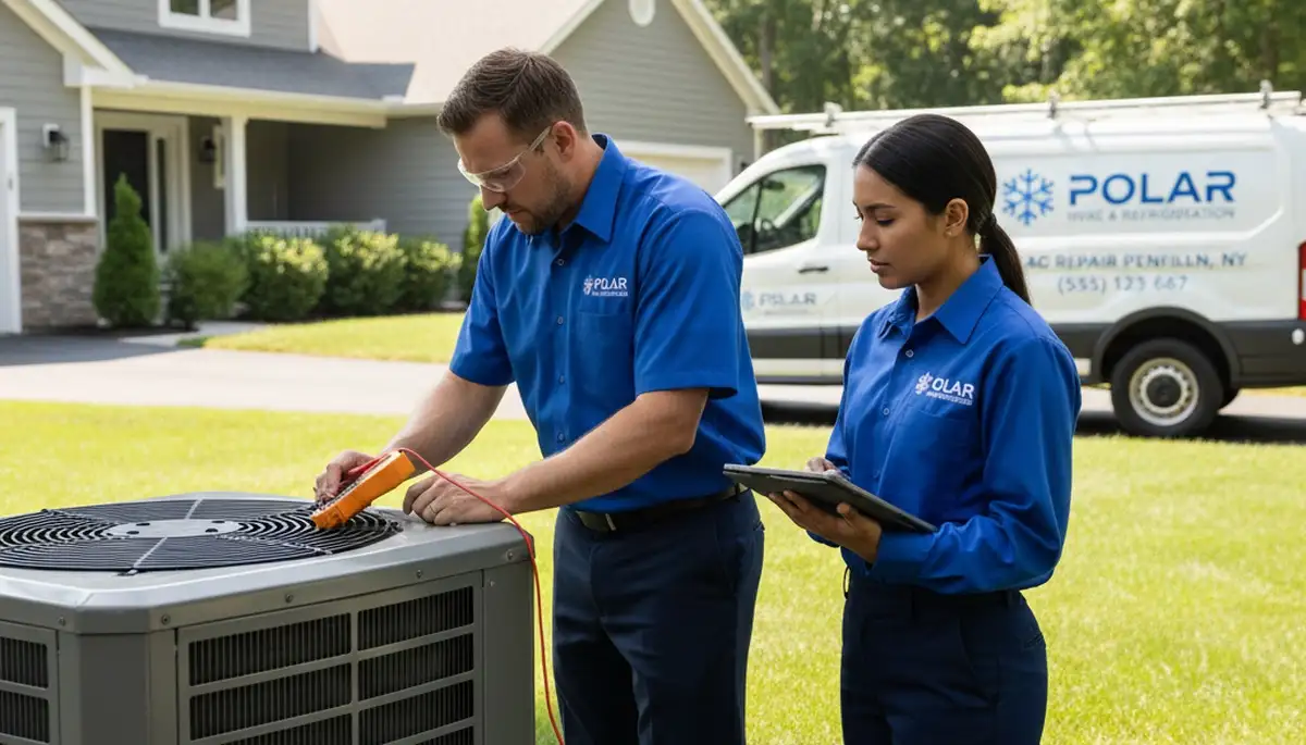 Professional AC repair technician servicing cooling unit in Rochester, NY home