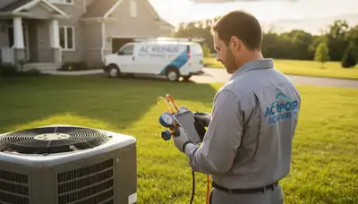 AC repair technician servicing residential air conditioner in Rochester NY