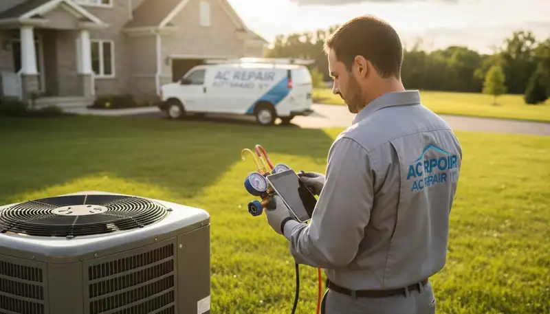 AC repair technician servicing residential air conditioner in Rochester NY