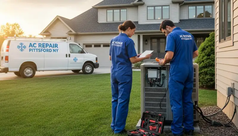 Professional AC repair technician servicing air conditioner in Rochester NY home