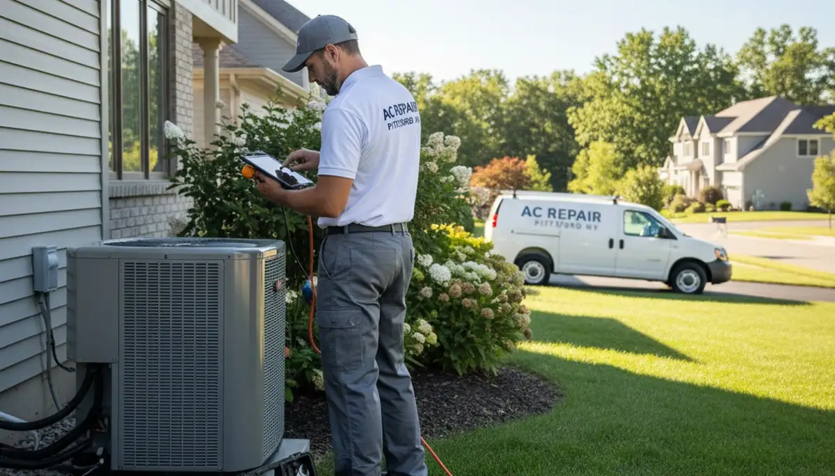 Professional AC repair technician servicing air conditioner unit in Rochester, NY