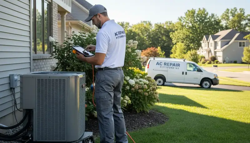 Professional AC repair technician servicing air conditioner unit in Rochester, NY