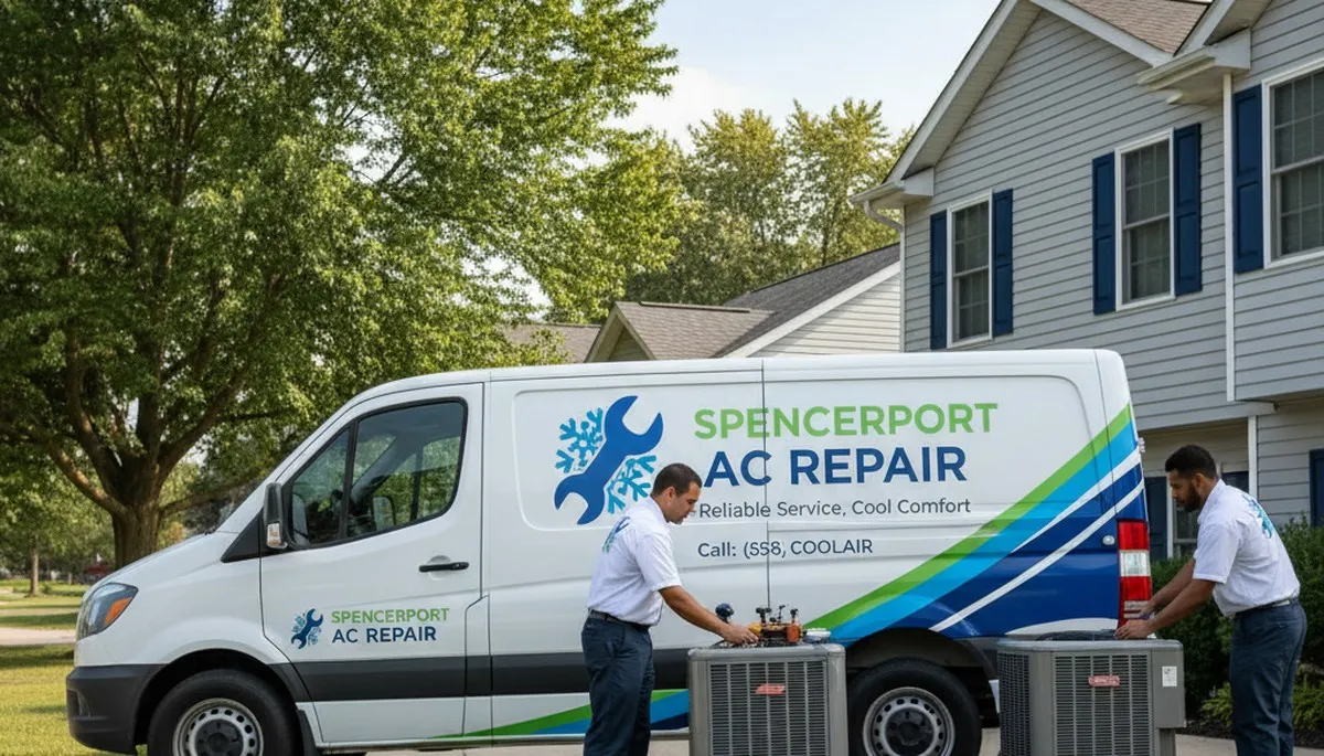 Professional AC repair technician servicing air conditioner in Rochester, NY home