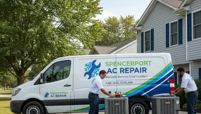 Professional AC repair technician servicing air conditioner in Rochester, NY home