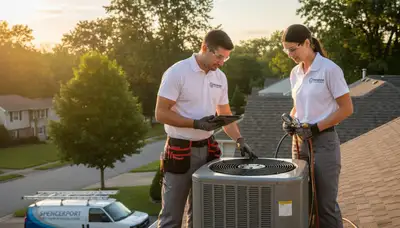 Professional AC repair technician servicing cooling unit in Rochester, NY home