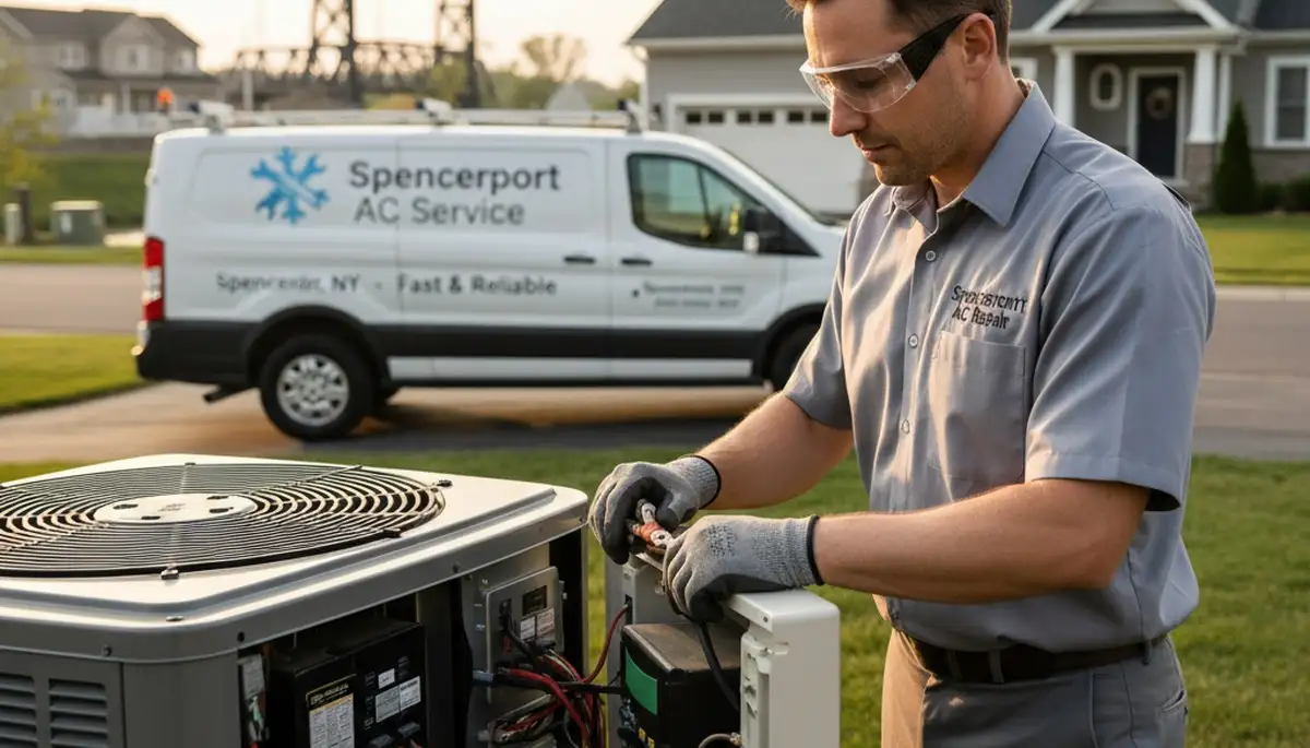 Professional AC repair technician servicing air conditioner in Rochester NY home