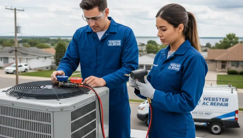 Professional AC repair technician servicing air conditioner unit in Rochester, NY