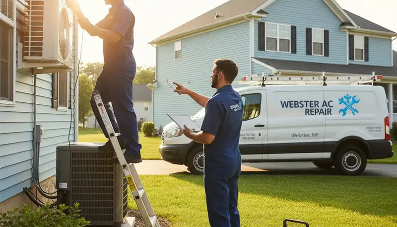 Professional AC repair service technicians in Rochester NY fixing residential air conditioning unit
