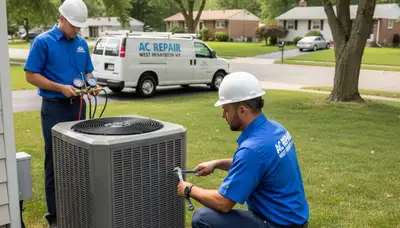 Professional AC repair technician servicing air conditioner unit in Rochester, NY home