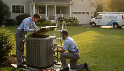 Professional AC repair technician servicing air conditioner unit in Rochester NY home
