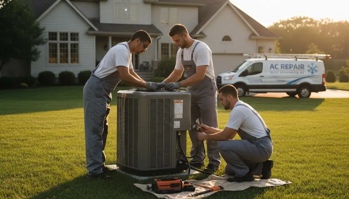 Professional AC repair technician servicing air conditioner in Rochester NY home