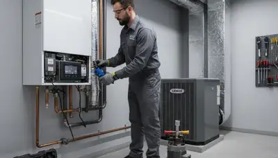 Technician repairing residential boiler in Rochester, NY for Five Star Cooling heating service