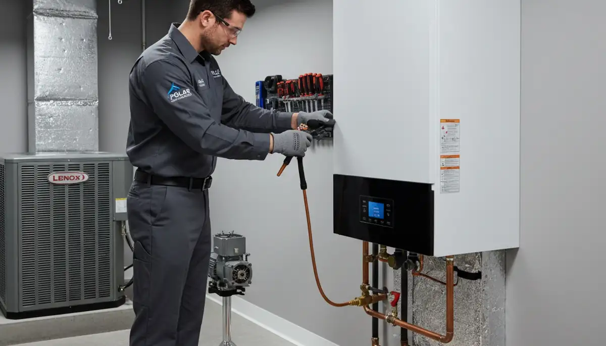 Technician performing boiler repair in Rochester, NY home for Five Star Cooling