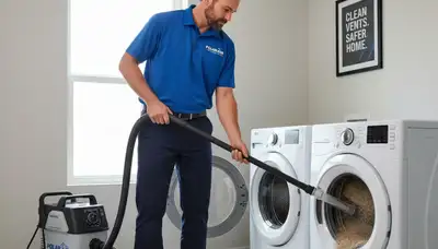 Technician cleaning dryer vent for home safety in Rochester, NY - Five Star Cooling service