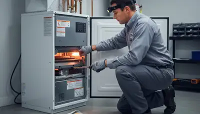 Technician performing furnace repair in Rochester NY for Five Star Cooling emergency service