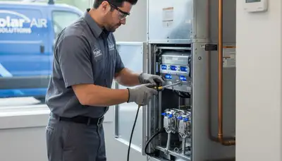 Technician repairing home furnace system in Rochester, NY for Five Star Cooling service