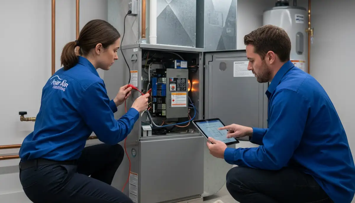 Technician performing furnace repair in Rochester NY home for Five Star Cooling emergency service