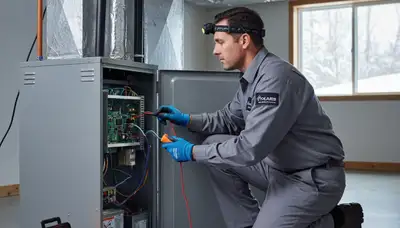 Technician performing heating repair in Rochester NY home for Five Star Cooling