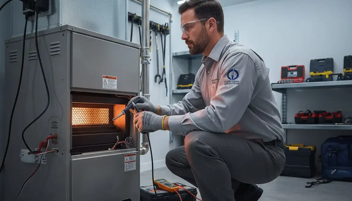 Technician repairing furnace during heating service in Rochester, NY by Five Star Cooling