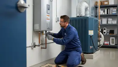 Technician performing water heater repair service in Rochester, NY home