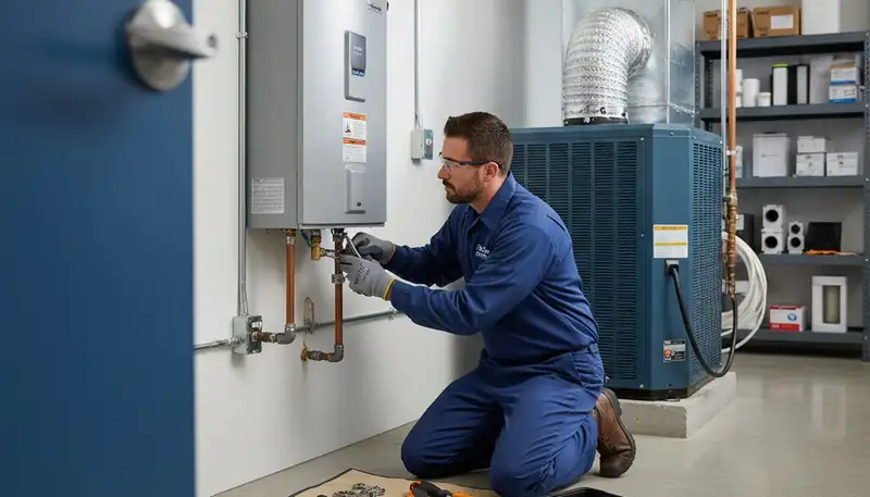 Technician performing water heater repair service in Rochester, NY home